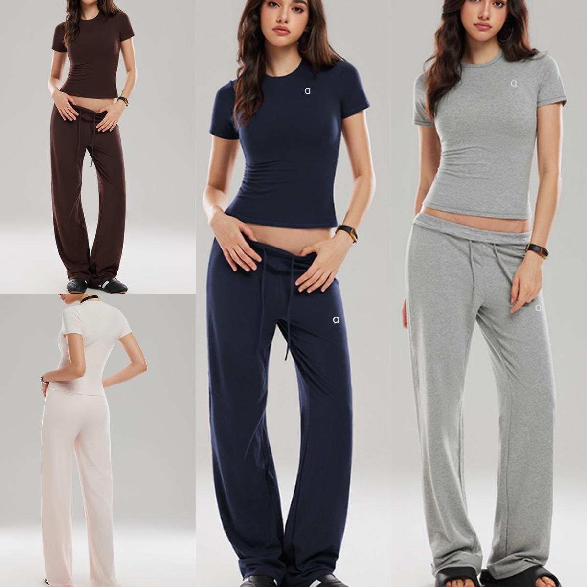2731A T-shirt de yoga pour femmes, Slim, col rond, chemise décontractée, sport, taille haute, droit, jambes larges, cordon de serrage, taille tom