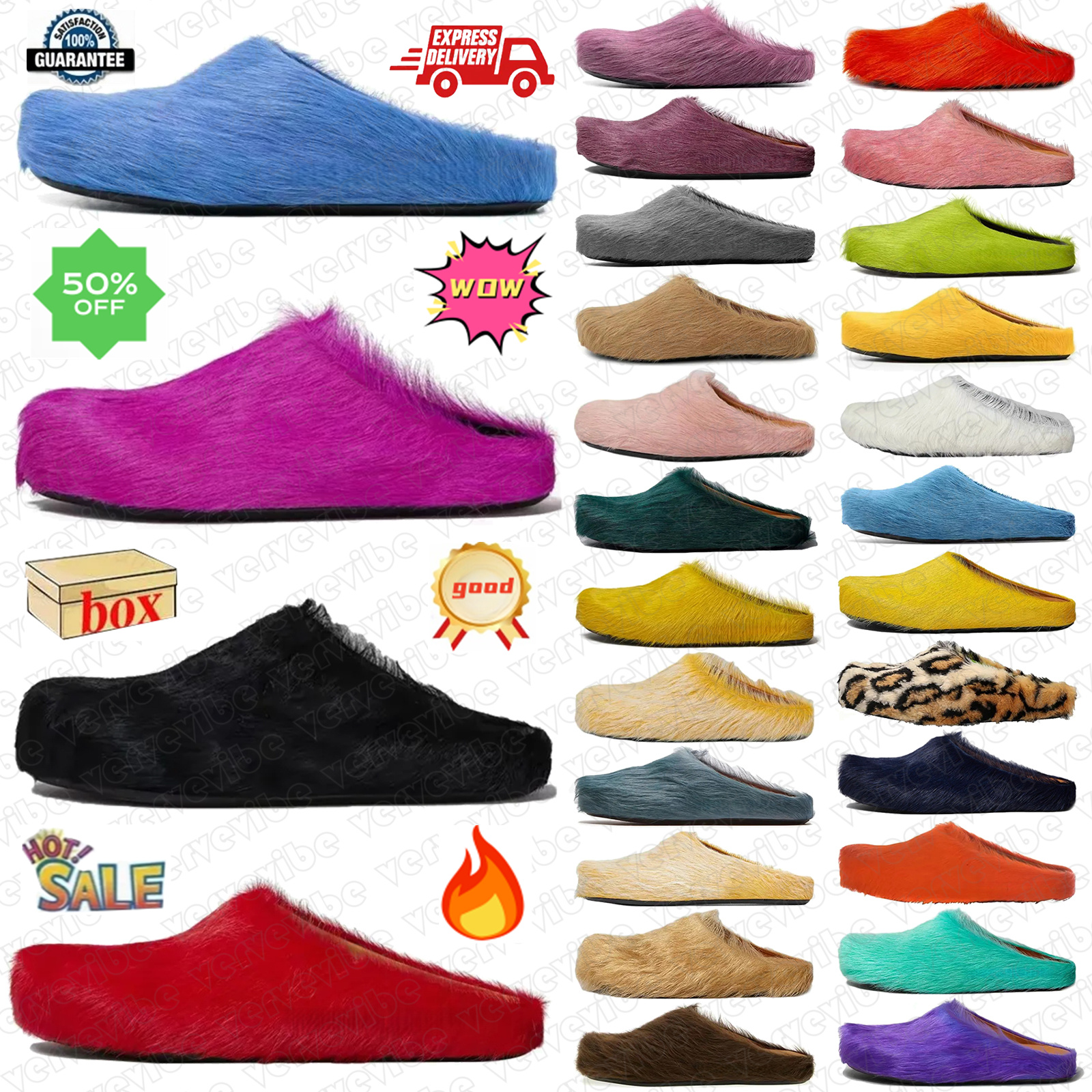 Pantoufles de créateurs Poils longs Cuir de veau Fussbett Sabot Mule Noir Fuchsia Minéral Bleu Rouge Gris Blanc Beige Sodium Sauge Profonde Prune