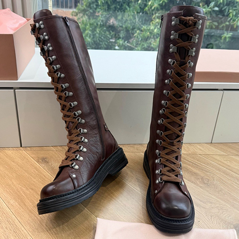 Bottes de luxe en cuir pour femmes, bottes chics avec œillets en métal sur le devant, doublure en cuir souple, bottes au genou, loisirs polyvalen