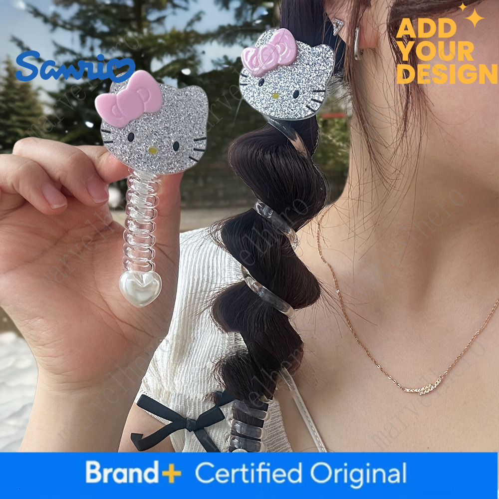 2Pcs Sanrio Hello Kitty Spiral Beaded Phone Lanyard Tie With Shiny Cute Cartoon Pink Bow And Heart Charm High Elasticity No Damage Hair Additions