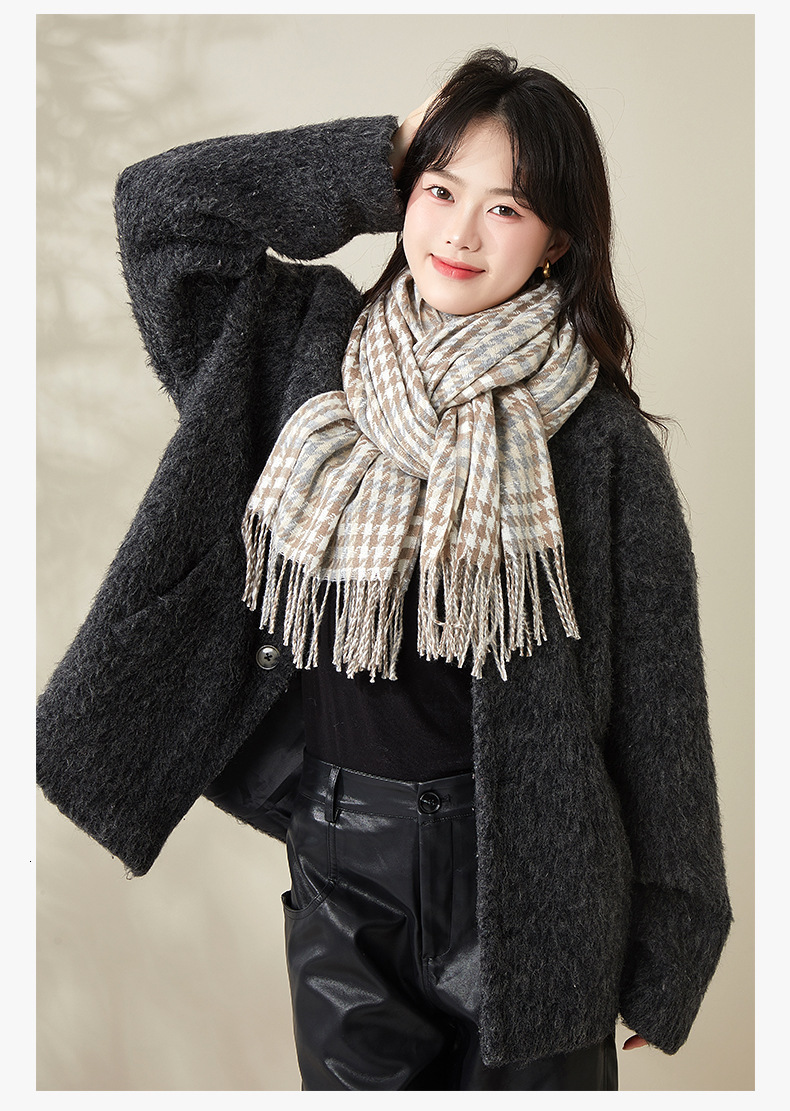 Houndstooth Womens Scarf Faux Cashmere Thick Warm Winter Fringe Shawl Luxury Plaid Neck Warmer Brand Fashion Accessory Designer Everyday Wrap Sty D2