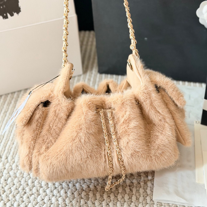 Designer Leopard Plush Soft Fuzzy Dot Mini Drawstring Bucket with 2 Pocket Chain Hobo Shoulder Bag 25bag Fur Handbags Totes Bag Fashion Purses