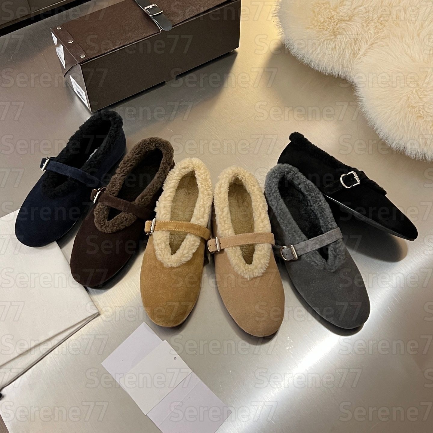 Designer 2026 Winter New Suede Shearling Women Fleece Mary Jane Shoes Lined Warm Fuzzy Flats French Vintage Buckle Cotton Shoes Ladies Casual Daily