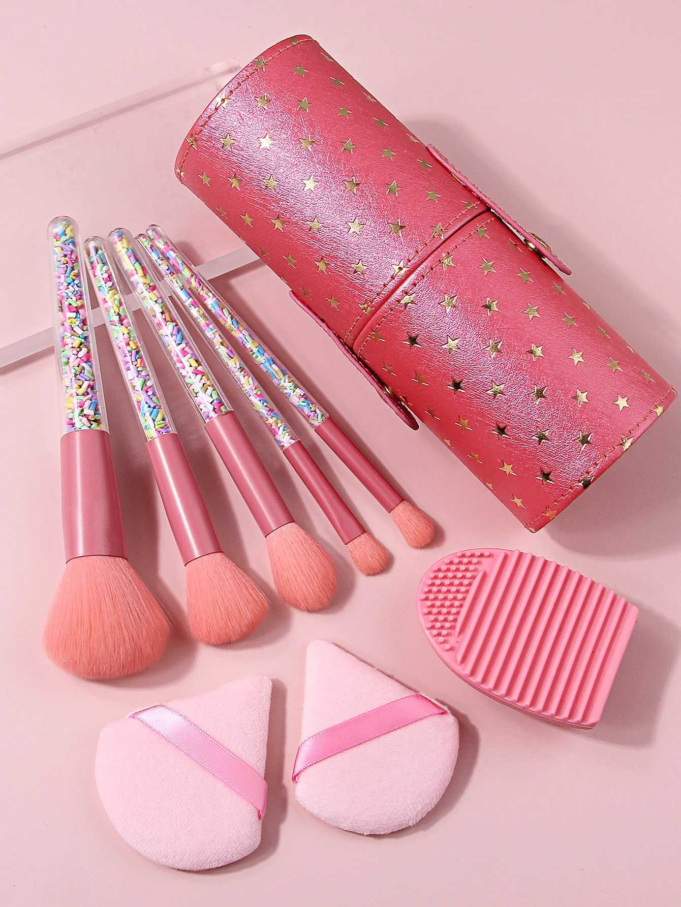 Brush Makeup 9Pcs Set Pink Soft Cosmetic Brushes with Storage Bucket Cleaning Pad Powder Puffs Portable Travel Beauty Tools N260821
