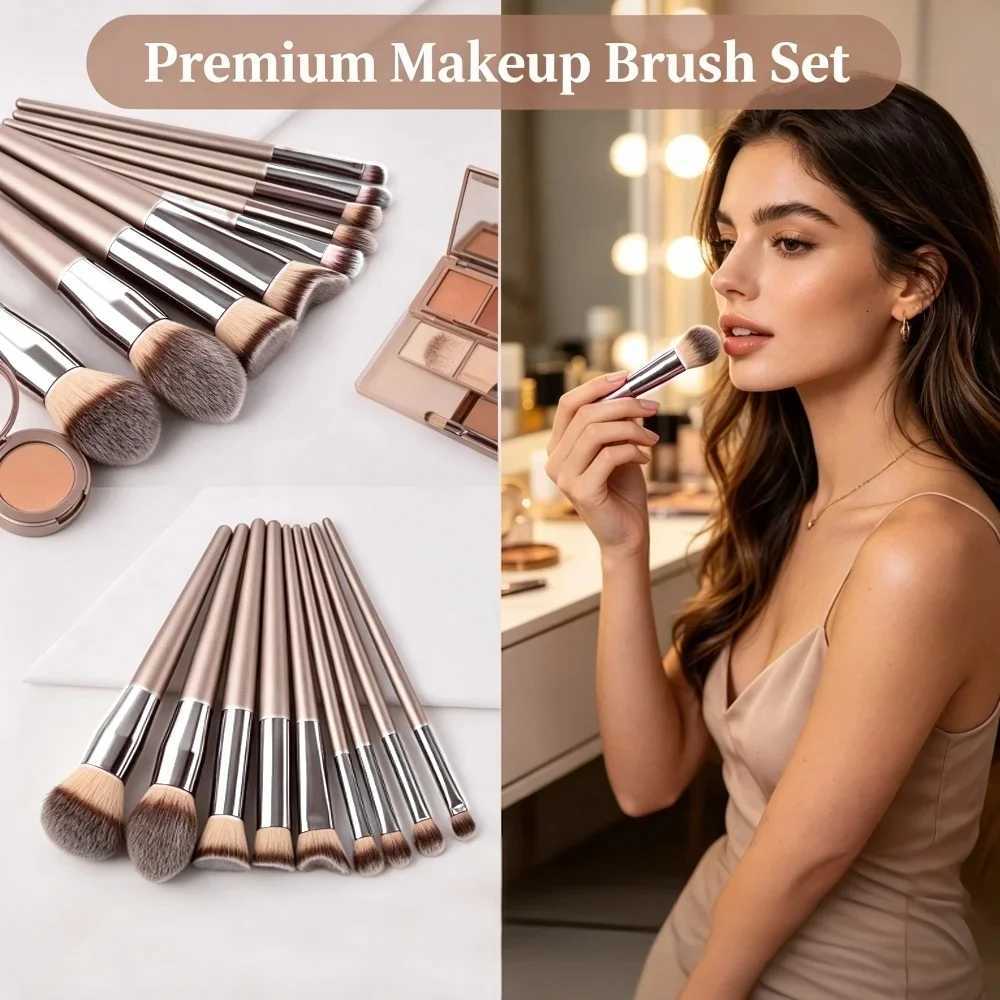 Set 10PCS Makeup Full Brush Face Eye Makeup Kit Contouring Powder Brush Champagne Gold Brushes Vegan Cruelty-Free Bristles N260821