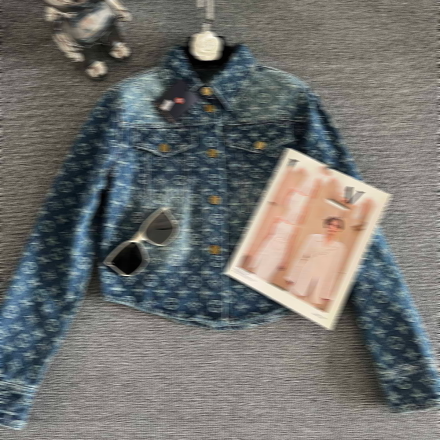 Luxury High Waist Denim Jacket Classic Monogram Jacquard Pattern Lapel Cropped Straight Fit For Women Daily Party Durable Denim Fabric