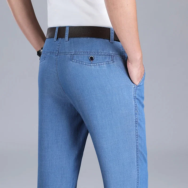 2026 Mens Summer Jeans Thin Loose Stretch Large Size Ice Silk Straight Pants Elite Business Casual Smoke Gray Blue 260915