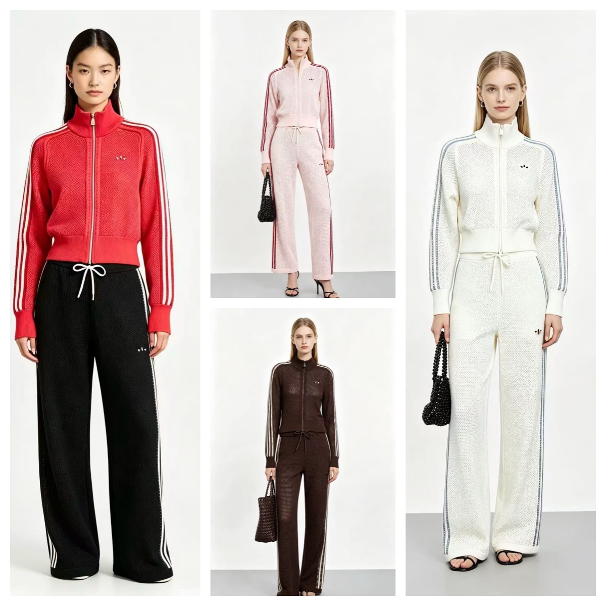 Ladies Mesh Sheer adides Two Piece Tracksuit Set Full Zip Stand Collar Crop Top With Side Stripe Elastic Waist Wide Leg Pants Casual Sports Matching