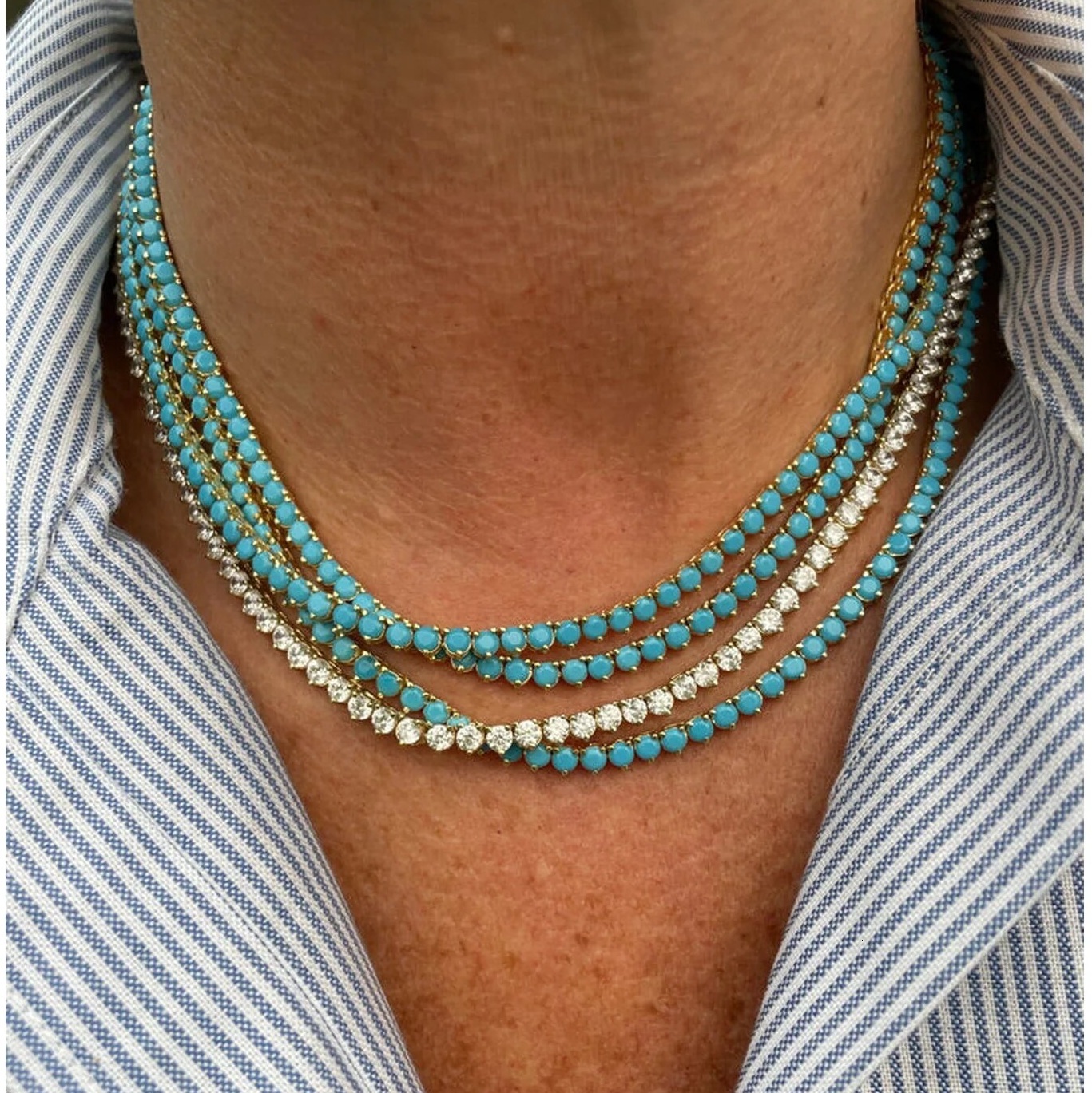 2026 trendy necklaces for women 3-prong blue-green turquoise 18k gold-plated fashionable high-quality women's jewelry 3mm tennis necklace