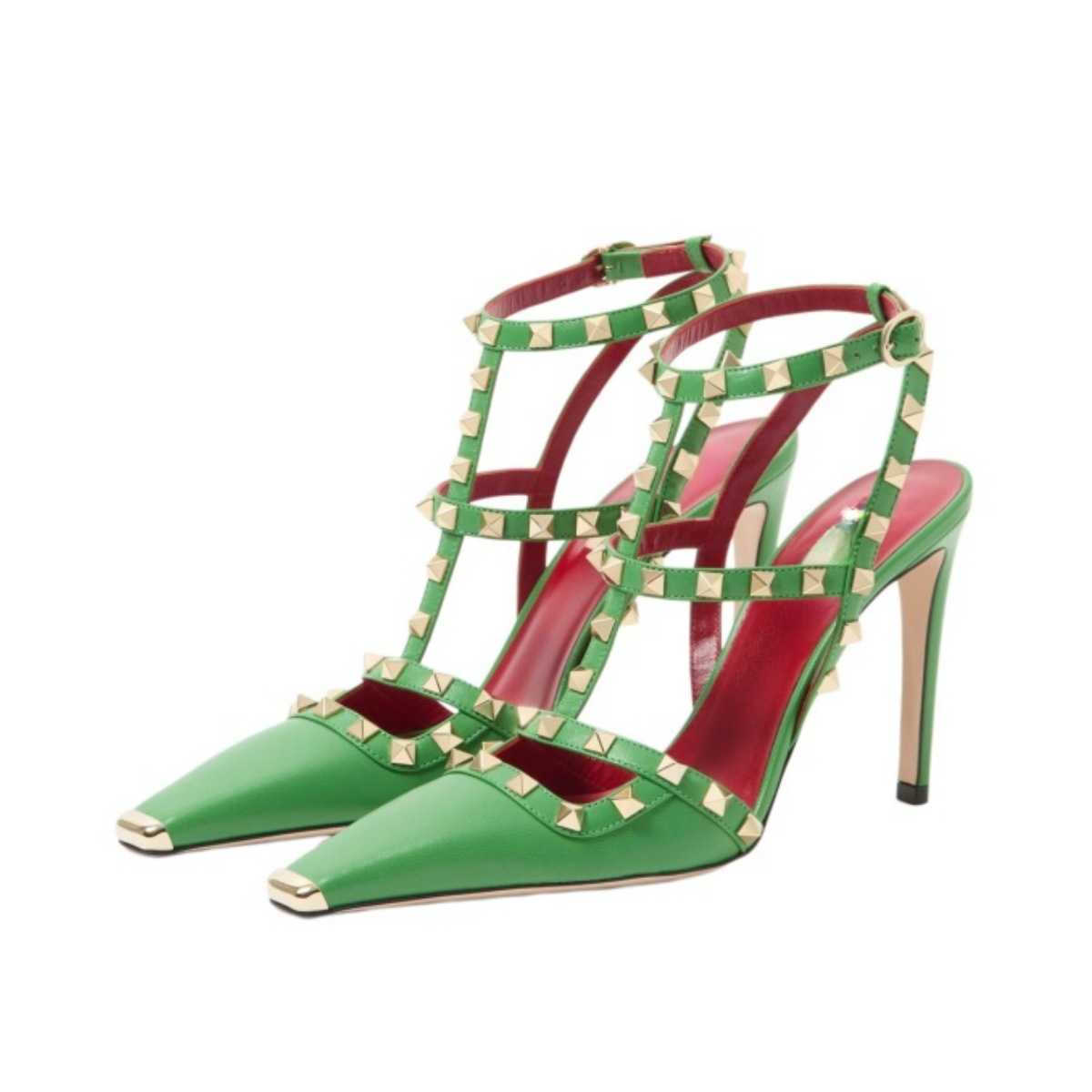 Spitze Nieten-Stiletto-Sandalen für Damen mit T-Riemen, roter Sohle, tief ausgeschnitten, elegant und vielseitig, High Heels L260821UR49