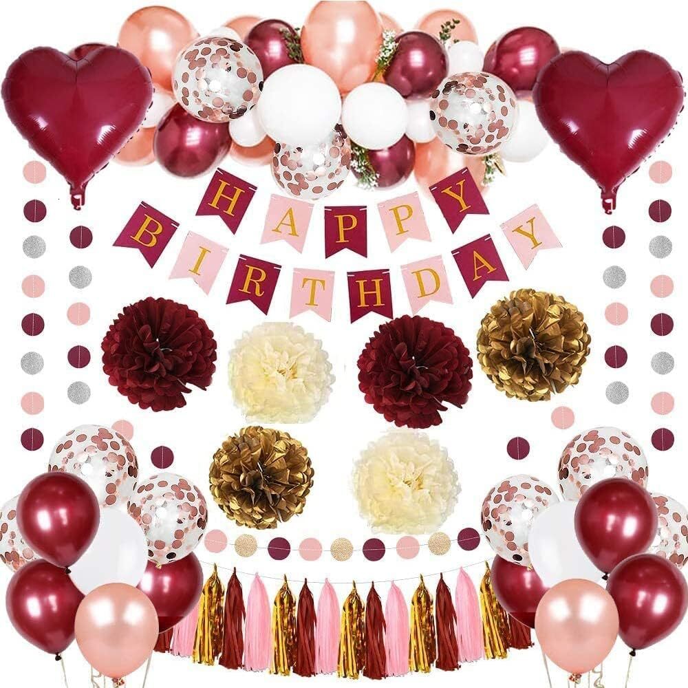 Women's Pink Party Decorations, White Balloon Happy Birthday Banner, Suitable for Bachelorette Party, Wedding, Women 30 Old, 40 Years Old (Burg
