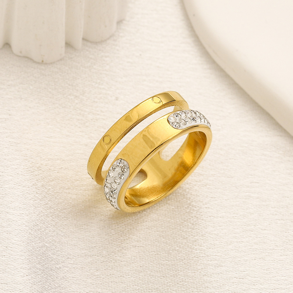 Crystal Ring Gold Plated Stainless Steel Rings Fashion Inlay Rhinestones Pearl Ring for Womens Fashion Wedding Jewelry Gifts Wholesale Size 6 7 8