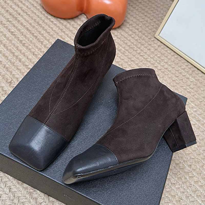 Fashionable Womens Elastic Short Boots Classic Color Blocking Square Head Design Elegant Anti Slip Thick Heel Daily workplace gatherings lady Naked