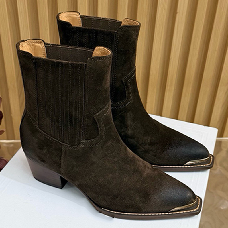 Womens Pointed Toe Metal Cap Ankle Boots Vintage Western Cowboy Chelsea Boot Burnished Finish Anti Slip Wood Texture Block Heel Retro Booties