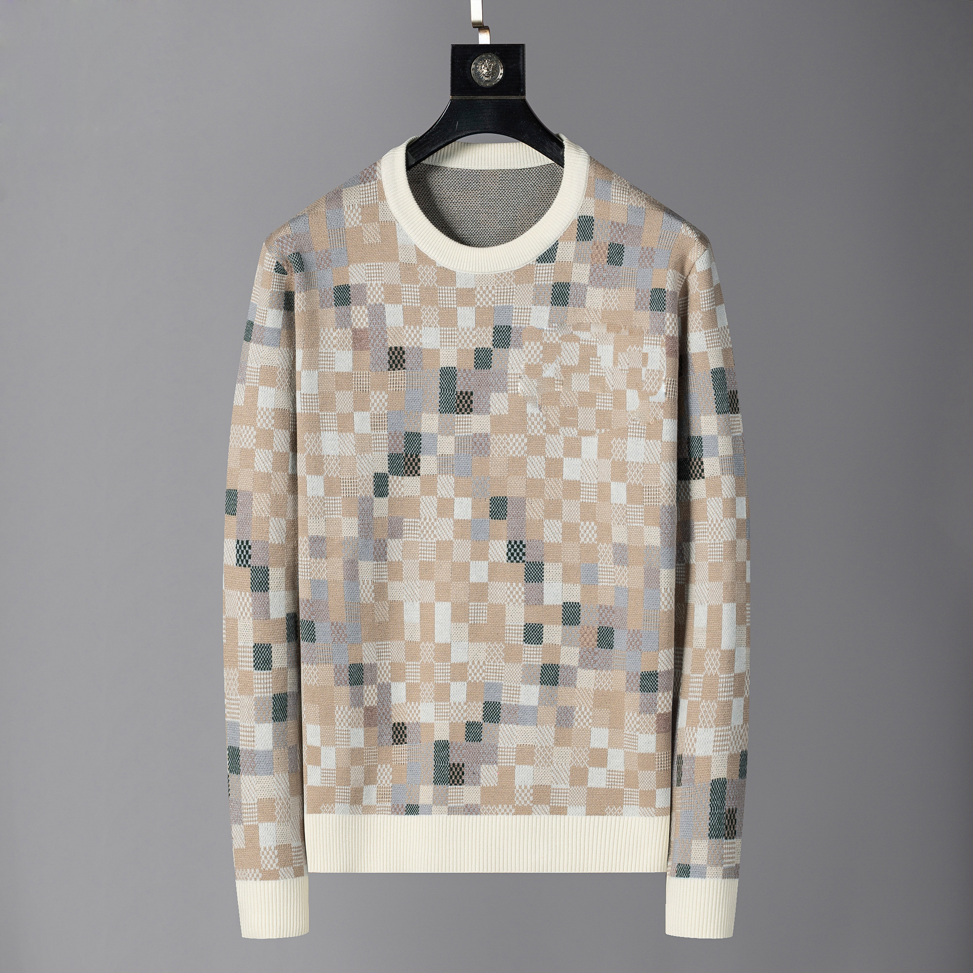 designer autumn luxury mens sweater clothing pullover slim fit casual sweatshirt geometry patchwork color print Male fashion woollen woolly jumper M