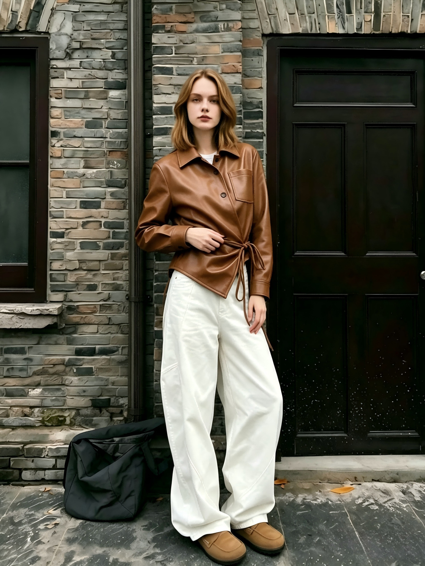 2026 Vestes en cuir courtes de créateur de mode pour femmes veste courte élégante à lacets croisés Vintage marron col rabattu minceur manteau en