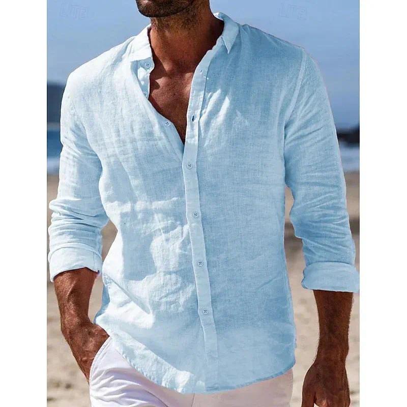 Collared shirt 2026 new summer mens casual cotton-linen long-sleeve shirt