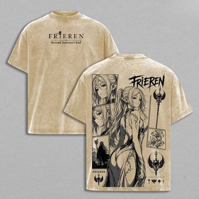 Frieren Kawaii Print T-shirt Anime Frieren Beyond Journey's End Clothing Men Women Cotton Tshirts Washed T Shirt Harajuku Unisex Oversized Tops