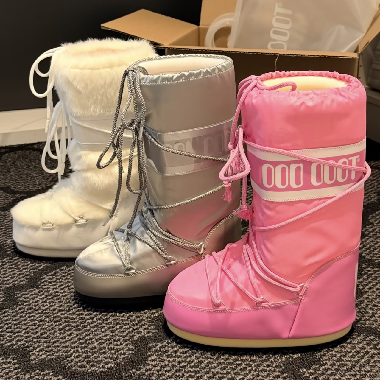 designer moon snow boots icon with warm plush thick winter insulation fashionable straps high top mid top boots