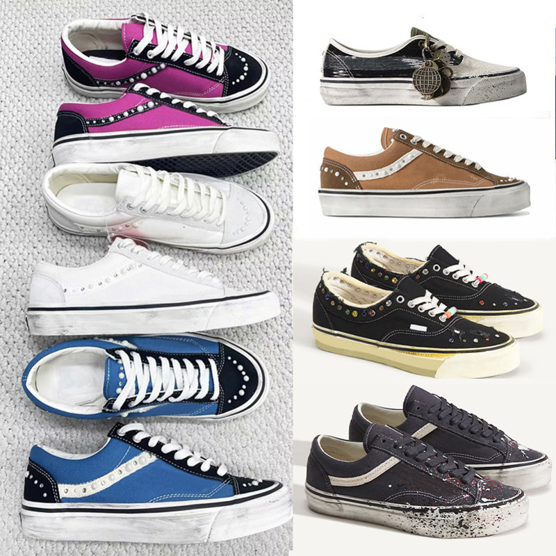 Livraison Gratuite Designer Classique Chaussures En Toile Nacrée Hommes Baskets Femmes Old Skools Chaussures Perle Rétro Skate Appartements Scarp