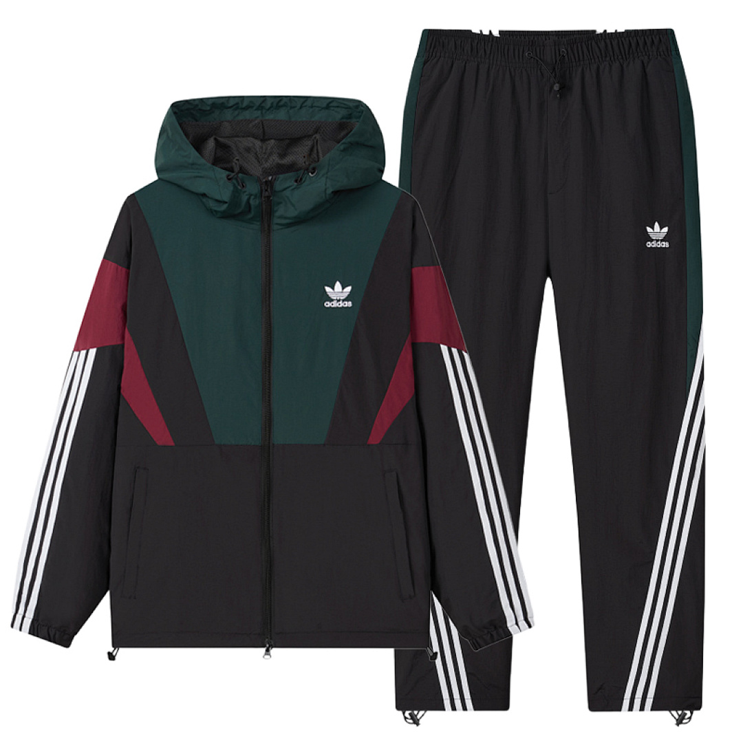 Adidas Ensemble de survêtement 2 pièces coupe-vent pour homme avec capuche, fermeture éclair, cordon de serrage, pantalon ample, 3 rayures, patch