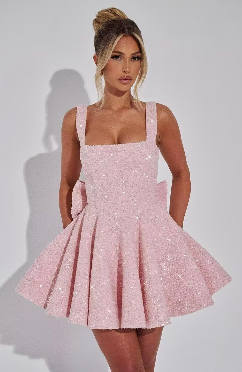 Puffy Sequin Homecoming Dresses For Teens With Bow Wide Strap Sparkly Short Prom Cocktail Party Dress Youmaiwedding