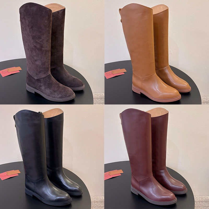 Kilda Boot Designer Womens V Neck Knee High Boots With Flat Bottom Non Slip Soft Sole Long Boots Maillard Temperament Decoration Leg Shape Fashion B