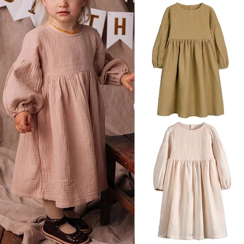 Korean Children Dress Solid Cotton Linen KneeLength Casual Outdoor