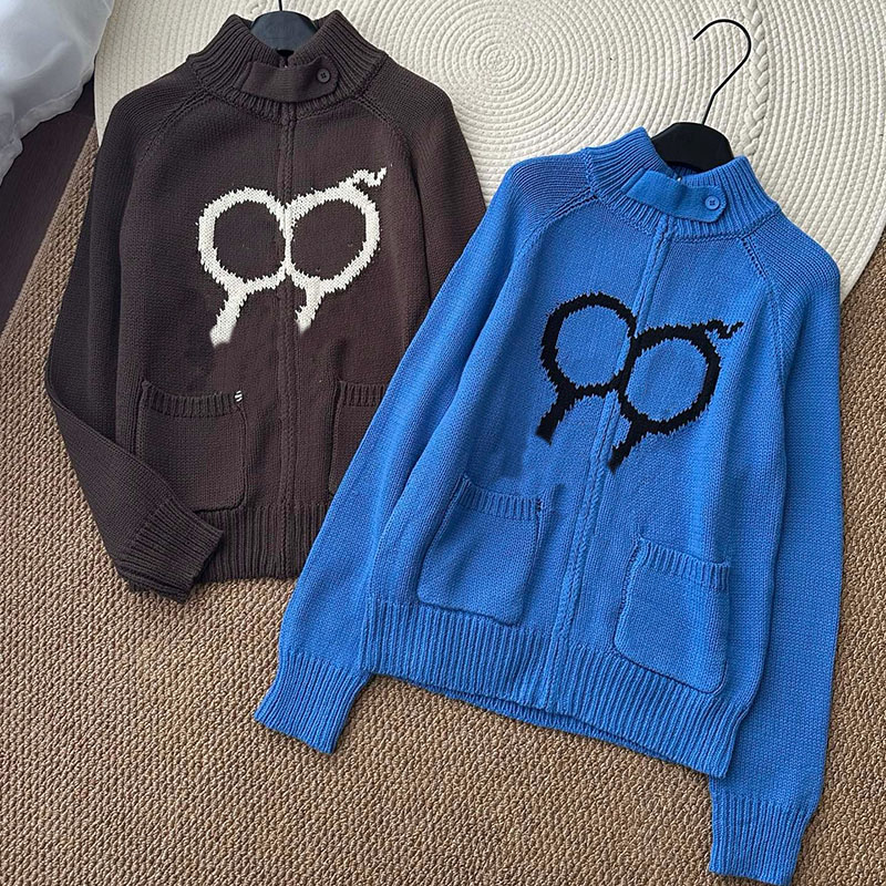 Designer Women Casual Knitted Cardigan Letters Embroidery Stand Neck Warm Sweaters Autumn Winter Street Style Date Vacation Long Sleeve Zipper Ju