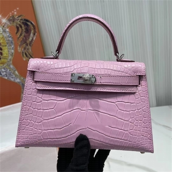 2026 New Designer Mini kelllys bag 19cm Matte Alligator Crocodile Leather Pure Handmade Wax Stitching Silver Turn Lock Top Handle Handbag Removable