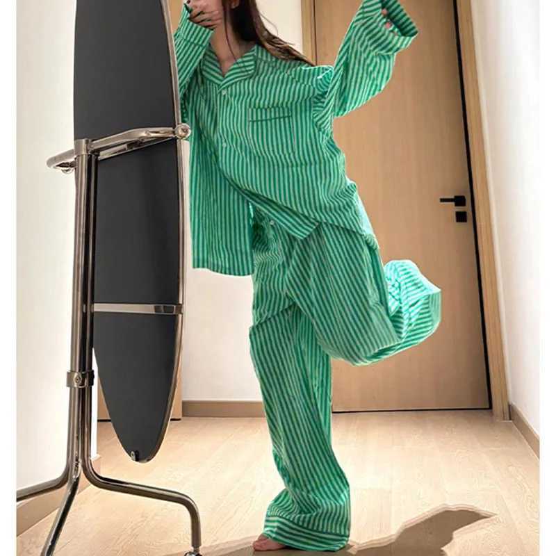 Korean-Style Striped Pajama Set For Women New Spring And Autumn Loose Long-Sleeve Long Pants Loungewear Set Z260822