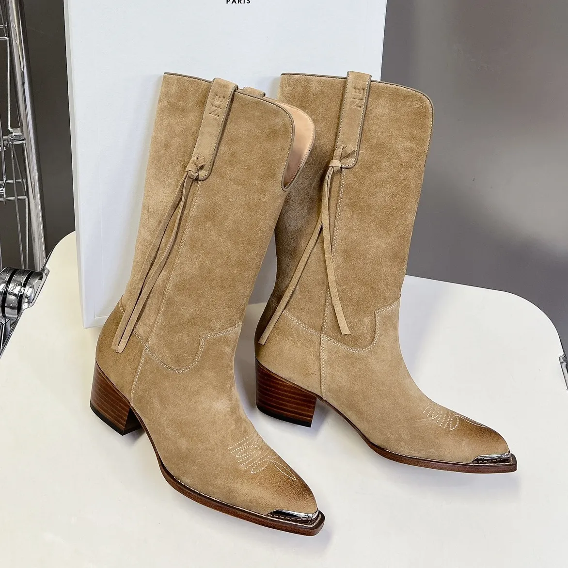 Botas hasta la rodilla con cuña vintage para mujer, botines de cuero de vaca, botas de moda de vaquero occidental, botines de diseñador, botas de co