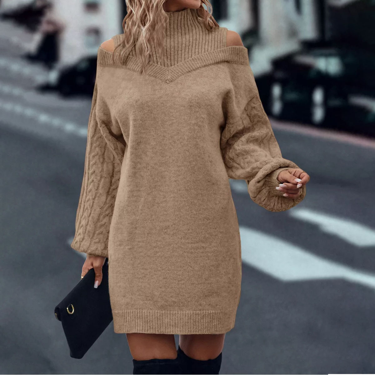 Cute crochet solid dress for women classic stacked slanted collar long pleated sleeves transparent autumn sweater vest womens streetwear 240904