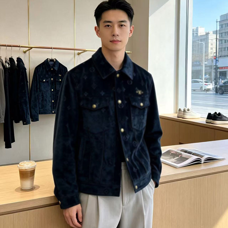 Designer autumn new men's printed denim jacket, velvet material, gold buttons, high-quality men's jacket, luxurious coat