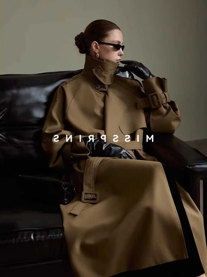 Khaki Lautaro Spring Autumn Long Trench Coat for Women Belt Double Breasted Chic Designer European Fashion Clothes 2025 L260825