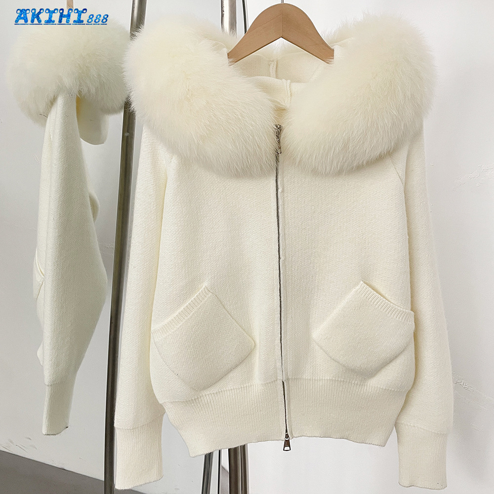 Autumn Winter Women Zipper Long Sleeve Knit Cardigan Coat Tops Hooded Detachable Big Real Fox Fur Collar Luxury Female Sweater