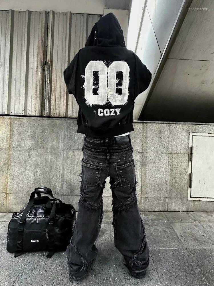 Men's Hoodies Trendy Cardigan Hooded Sweatshirt With American Print Retro High Strt Loose Casual Metal Decorative Jacket Q260917