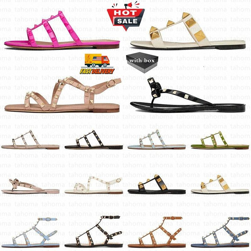 Designer Flat Flip Flops Womens Peep Toes Sandals Stud Summer Heels Leather Rivet Black Pointed Lady Sexy Party Wedding Platform