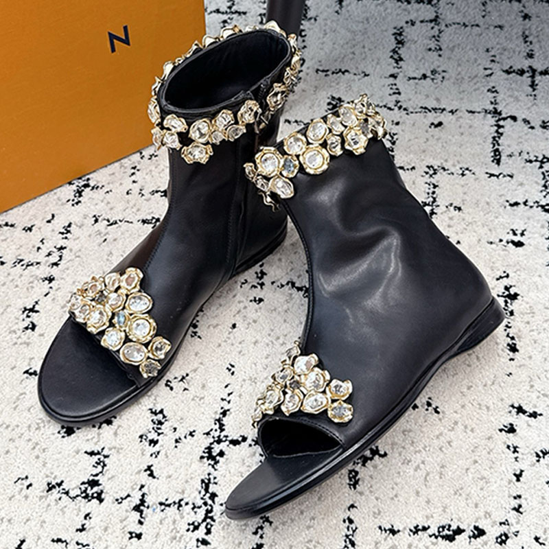 2026FW designer Talisman Open Toe Ankle Boots luxury glittering stones decoration black Ankle Boots Leather outsole side zip for easy fitting Womens