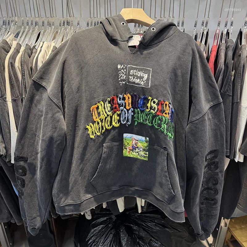 Men's Hoodies Top Quality PALY Loose Thicken Embroidery Patterned Hoodie High Street Casual Men Women Fashion Old Holes Vintage Sweatshirt