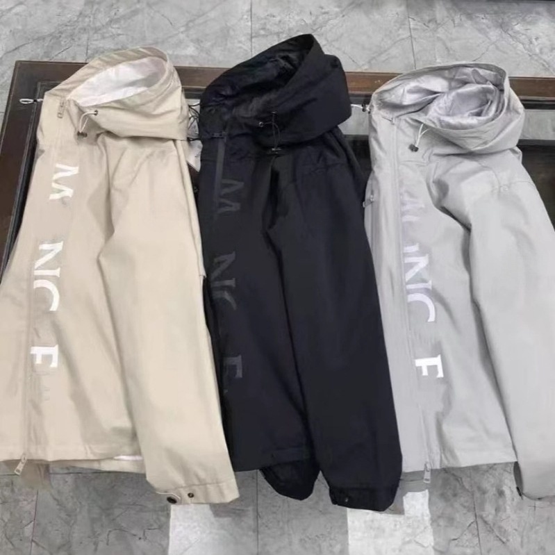 Men's Designer Mo Hooded Windbreaker Fashion Vertical Letter Print Waterproof Windproof Coat Outdoor Hiking Camping Jacket