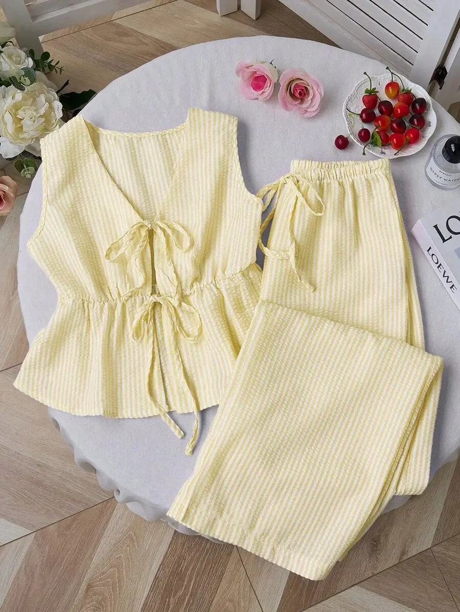 2026 Summer Two Piece Set Women Striped V Neck Lace Up Sleeveless Blouse High Waist Wide Leg Pants Suits Sweet Casual Tracksuits 260825