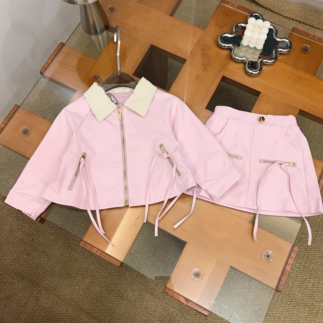 Lady style kids clothes sets children lapel zipper long sleeve jacket with skirts 2pcs Autumn girls pink princess outfits Z1842
