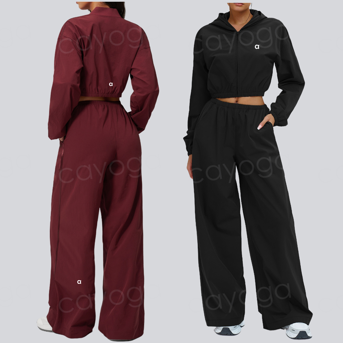 High Quality Quick Dry Women Yoga Set Cropped Cool Touch Zip-Up Stand Collar Jacket Loose Wide Leg Pants Pockets Outdoor Sports Fitness Pilates Outf