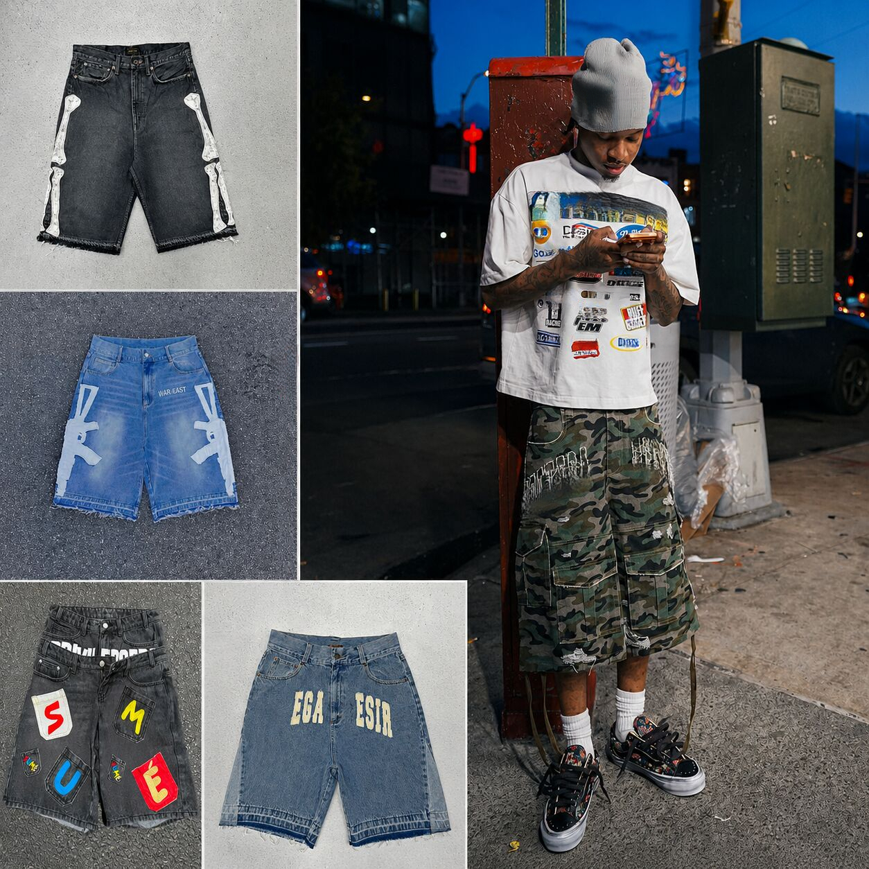 Mens Baggy Denim Shorts Jorts Skeleton Graphic Print Distressed Raw Hem Casual Loose Fit Summer Streetwear Jean Trunks