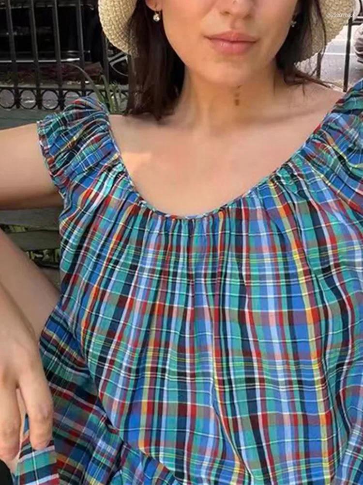 Casual Dresses Plaid Women Round Neck Sleeveless Loose Mini Tank Dress Or Blouse Top For Lady Prairie Chic
