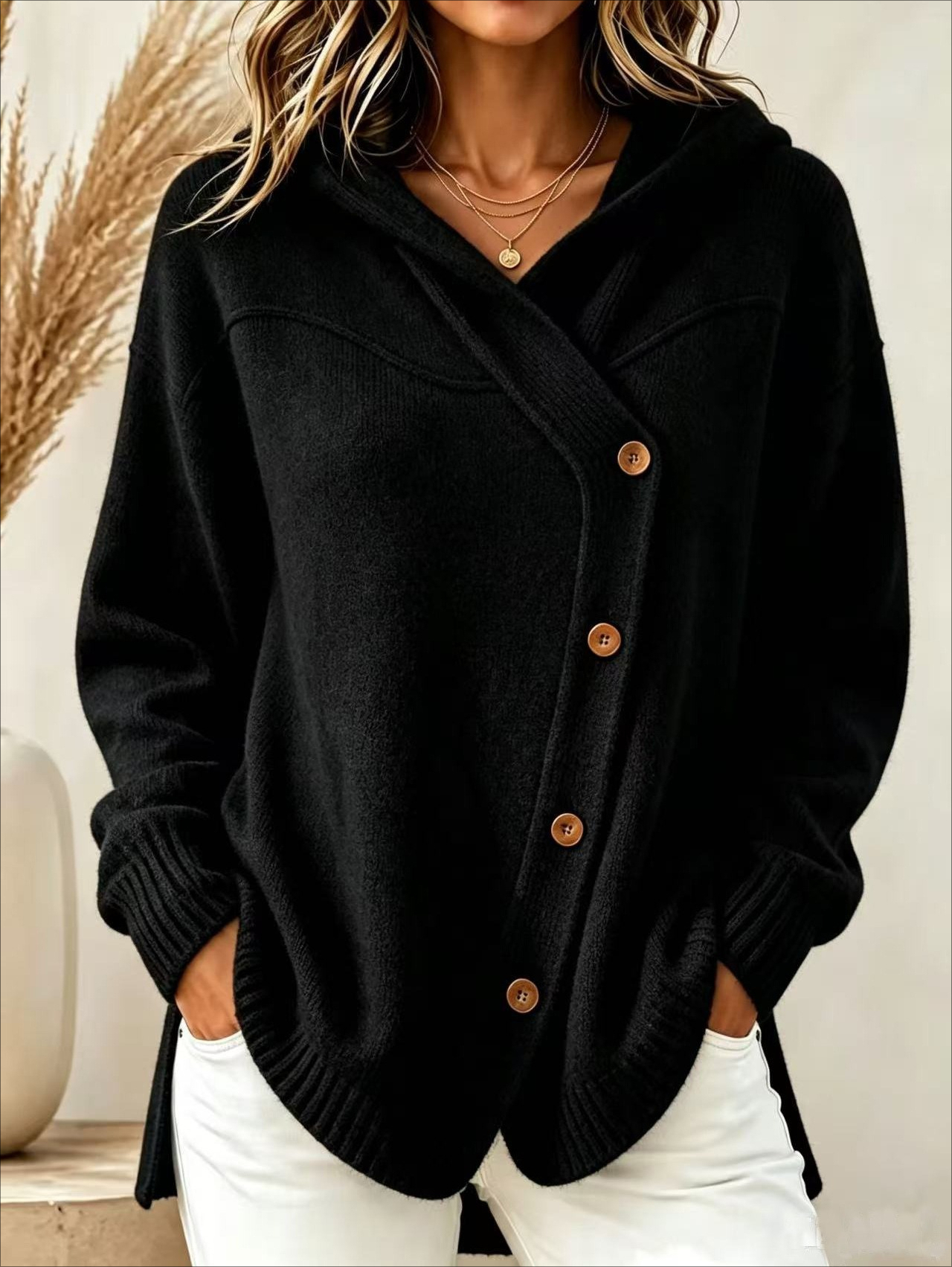 Adele173 Style européen et américain automne/hiver nouveau pull pour femme décontracté bouton ample à manches longues à capuche Cardigan