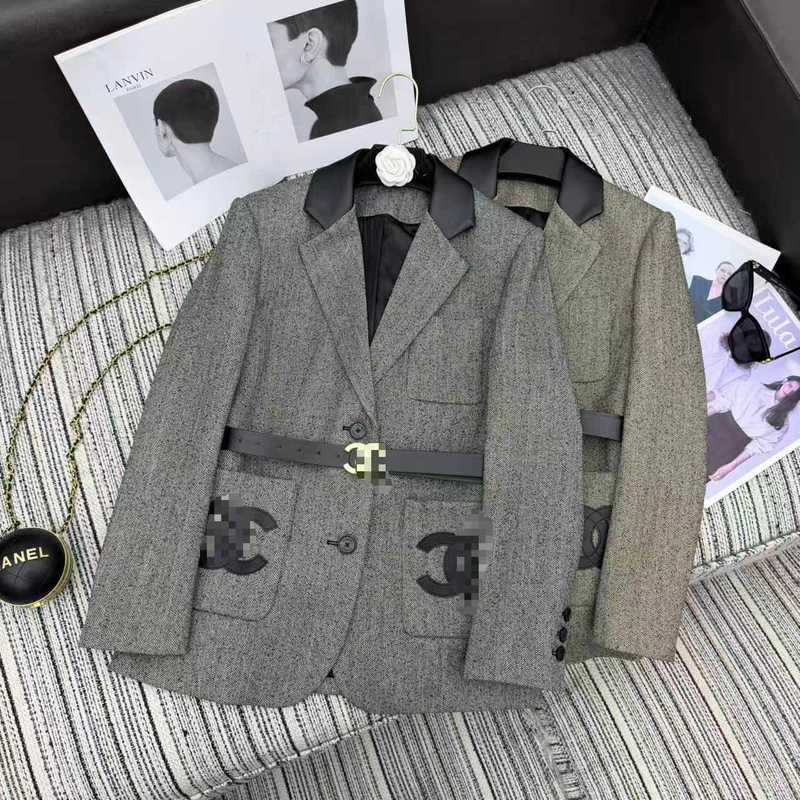 designer Women's Suits & Blazers Autumn/Winter New Style Leather Patchwork Herringbone Pattern Blazer with Belt Fashionable Women's Blazer
