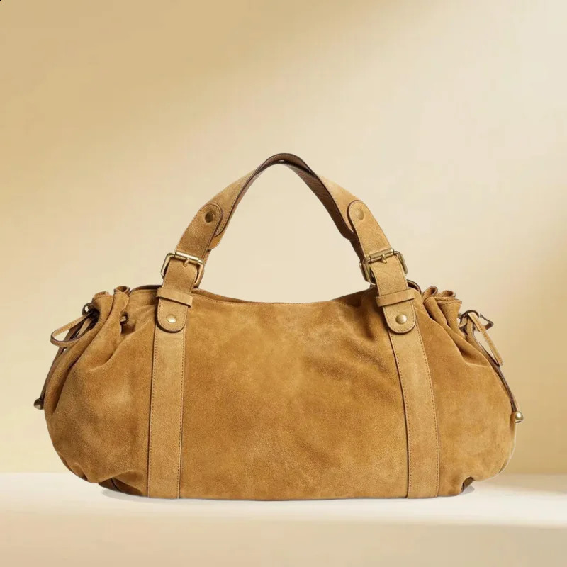Vintage Large Ruched Drawstring Soft Leather Tote Bag Women's Crossbody Simple Handbag Shoulder Boston Bag Work Bag 260824