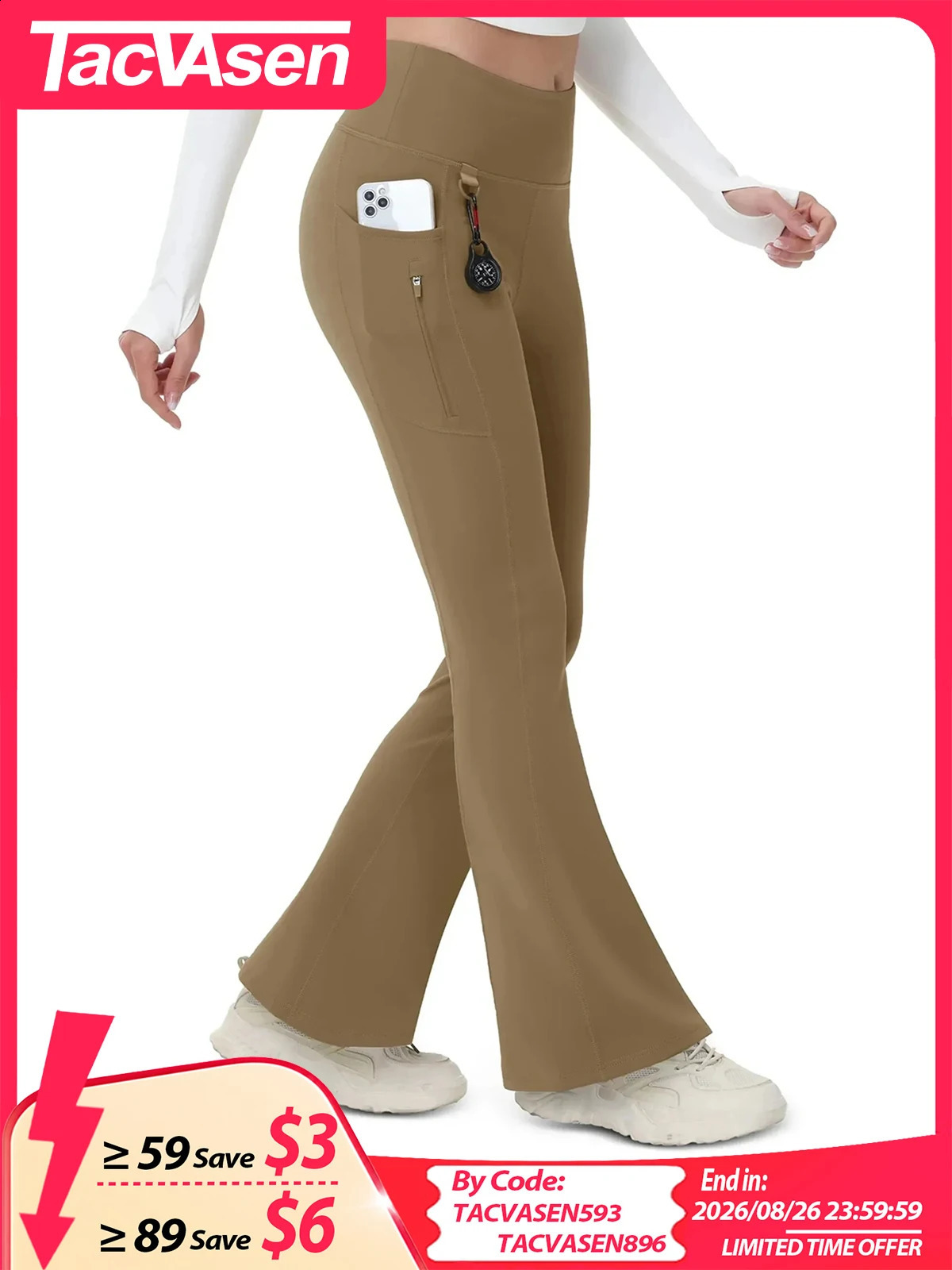 TACVASEN Fleece Lined Flare Pant's Waterproof Insulated Winter High Waisted Bootcut Hiking Yoga Leggings Pockets 260824